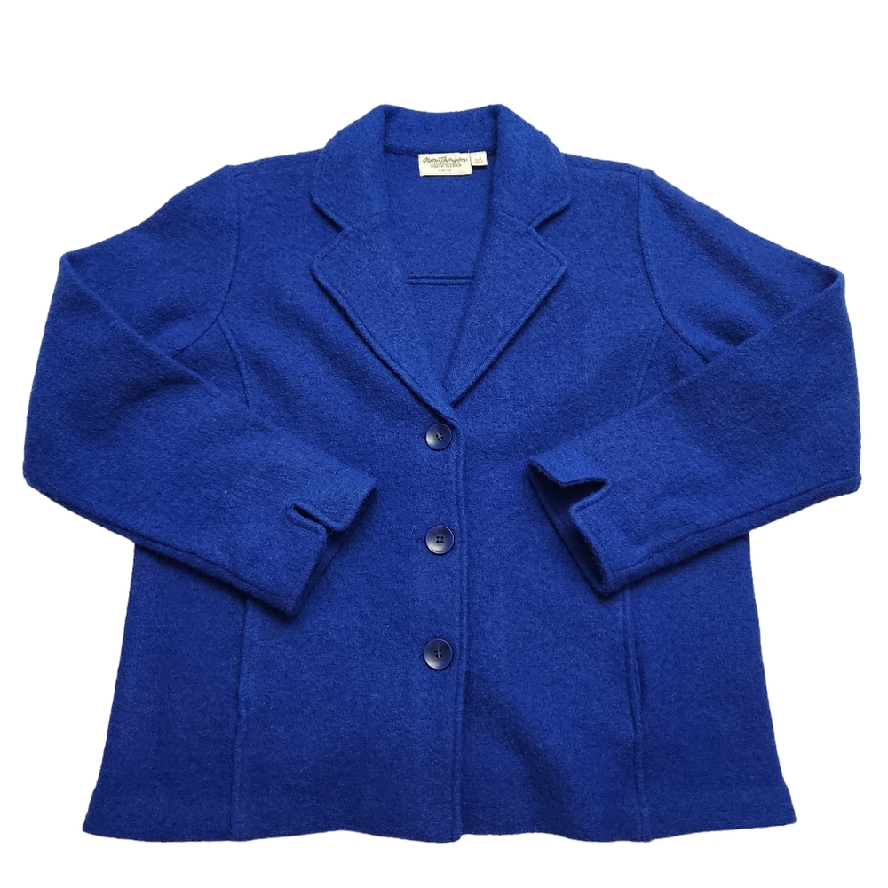 Norm Thompson Boiled Wool Jacket Coat Cardigan Sweater 100% Wool Blue